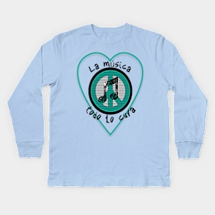 Music therapy. Phrase in Spanish: Music heals everything inside a blue heart with the symbol of peace. Kids Long Sleeve T-Shirt